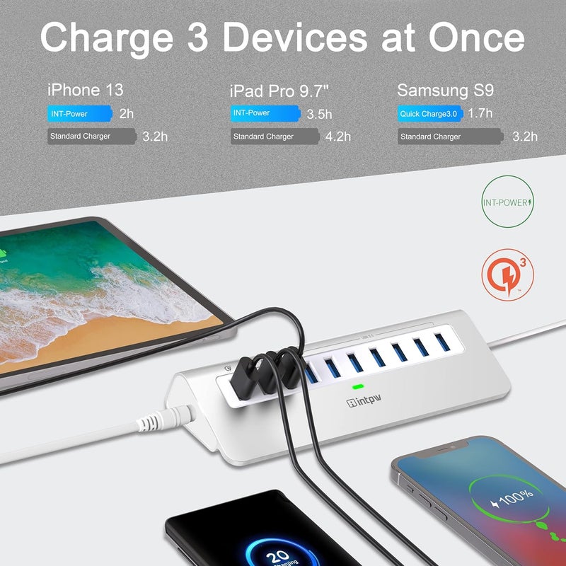 intpw Powered USB Hub 10Gbps, 10 Port USB 3.1 Gen 2 Hub with 7 USB 3.1 Data Ports, 3 Fast Charging Ports, 36W Power Adapter, Type A and Type C Cable, Aluminum USB Data Hub for Mac, PC, Laptop - Image 3